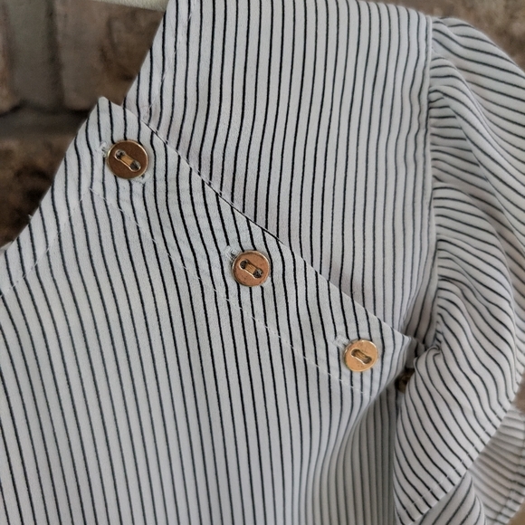 LOFT Black and White Striped Ruffle Blouse With Gold Button Detail - Picture 2 of 4